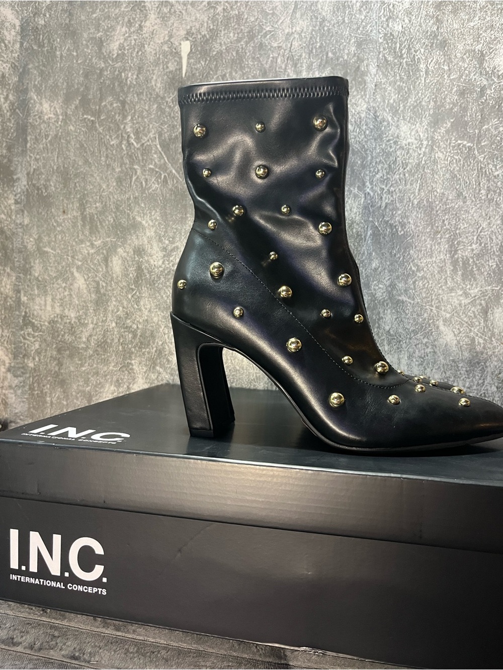 INC International Concepts Black Studded Block-Heel Ankle Boot
